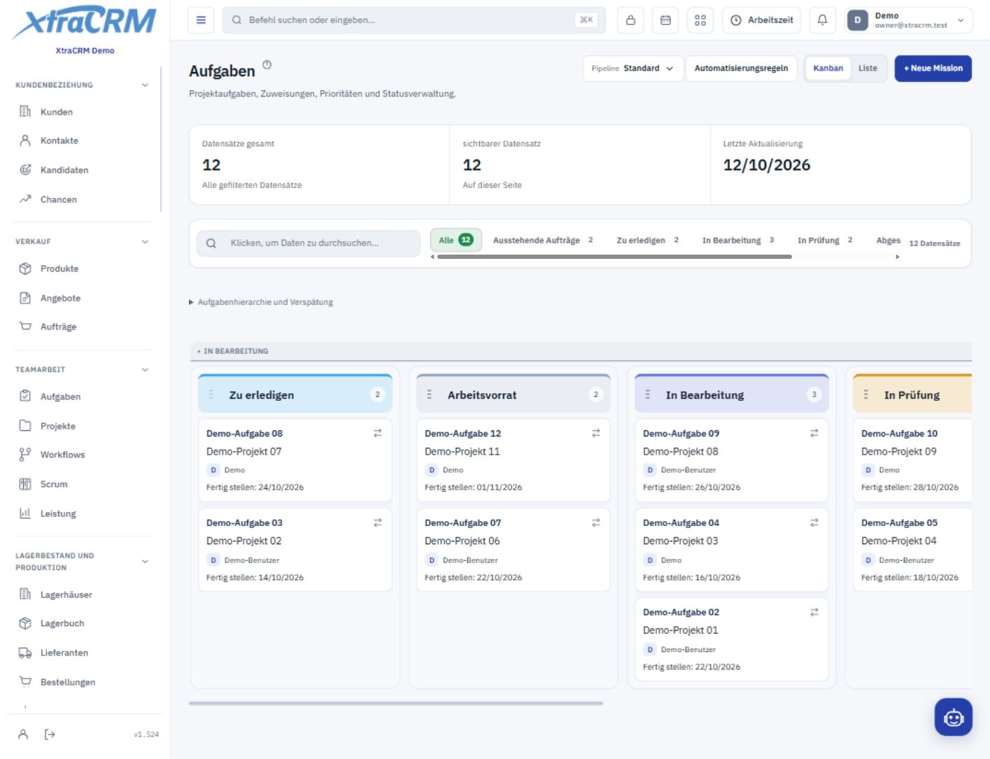 Kanban für freigegebene Aufgaben mit Verantwortlichen und Status — XtraCRM