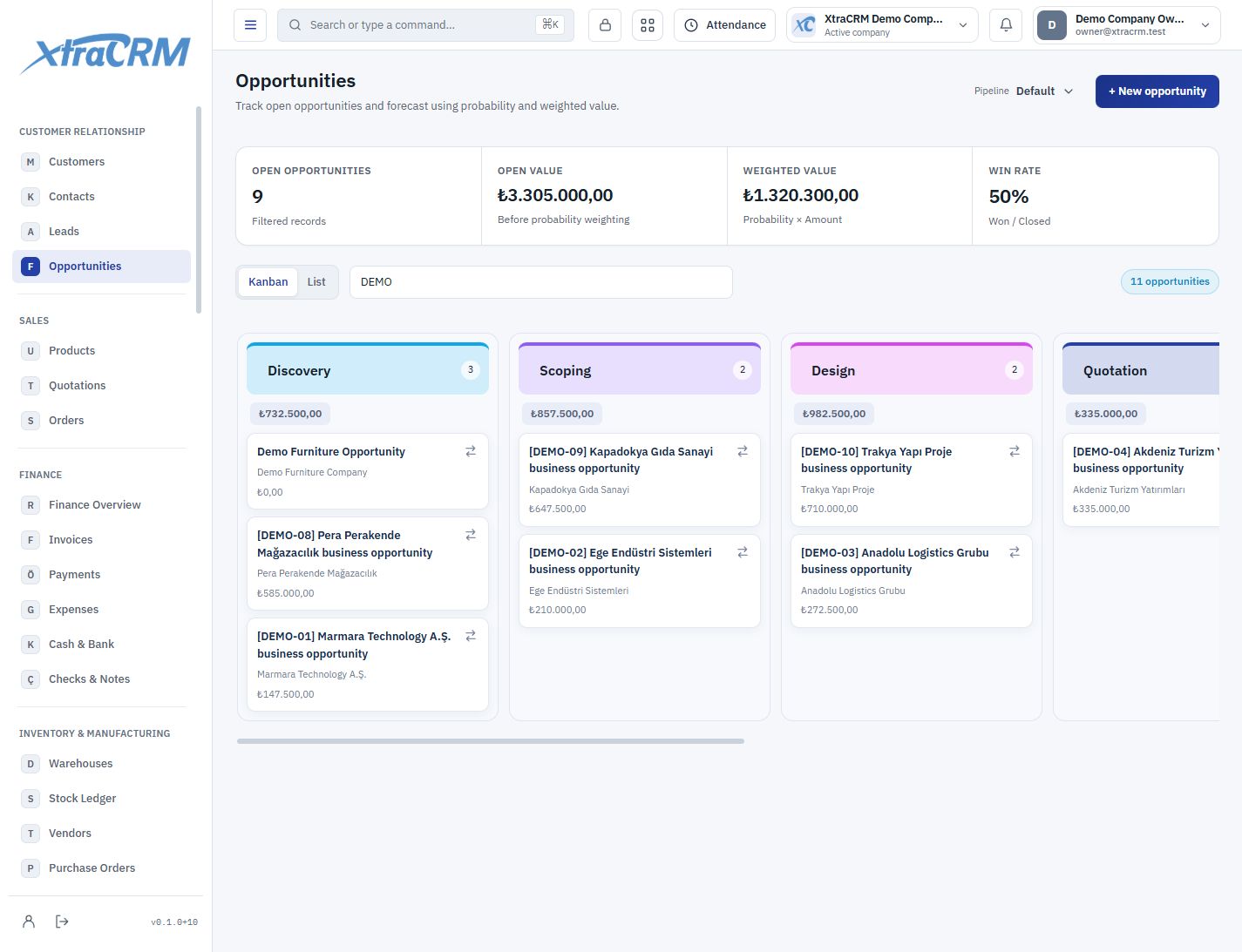Opportunity Kanban with stages and deal values