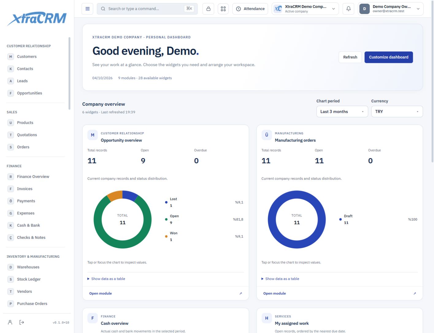 XtraCRM dashboard showing customer opportunities and manufacturing orders together