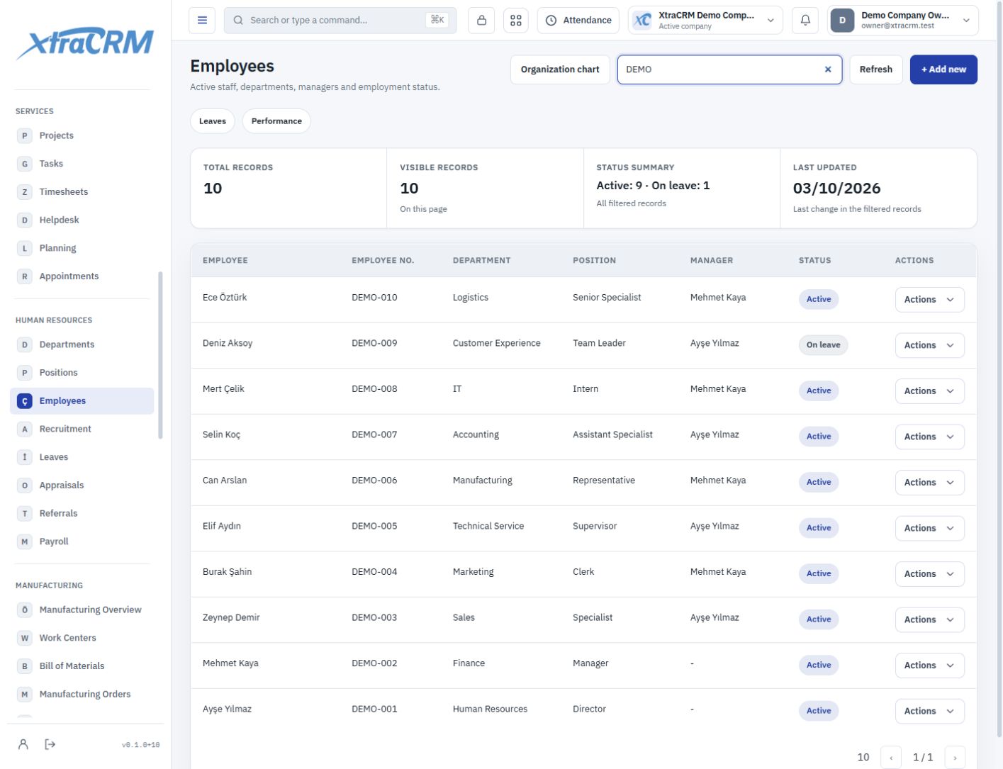 Employee list with departments and positions — XtraCRM