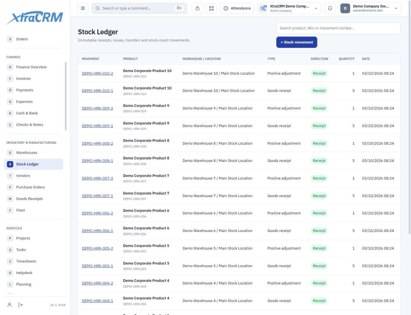 Stock movements linked to warehouses and products — XtraCRM