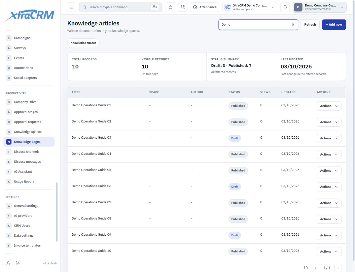 Knowledge articles in a shared team workspace — XtraCRM