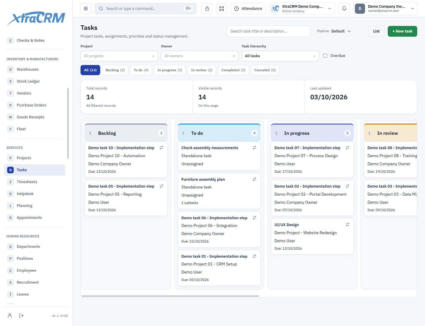 Shared task Kanban showing owners and statuses — XtraCRM