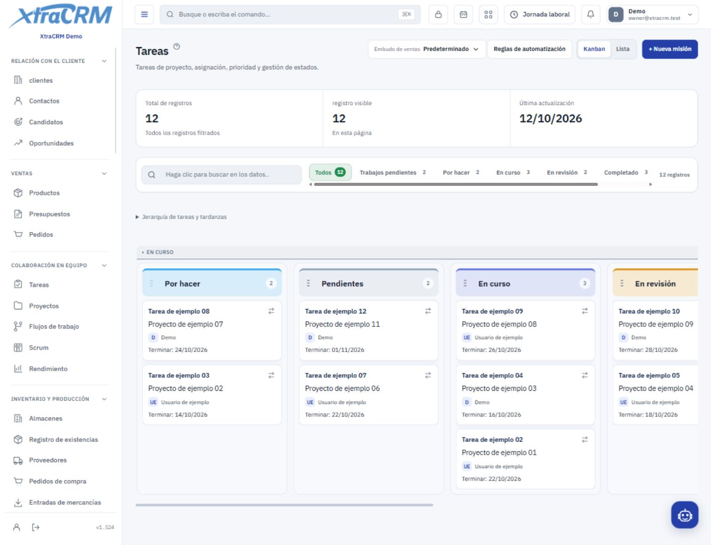 Kanban de tareas compartidas que muestra responsables y estados — XtraCRM