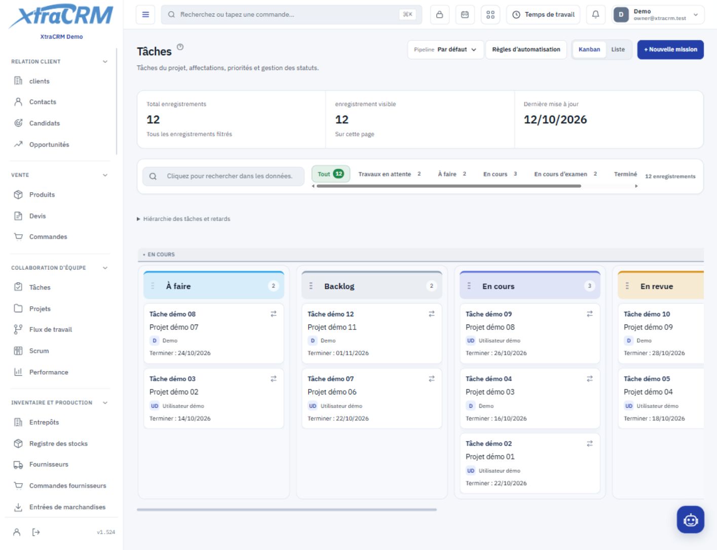 Kanban de tâches partagées affichant les responsables et les statuts — XtraCRM