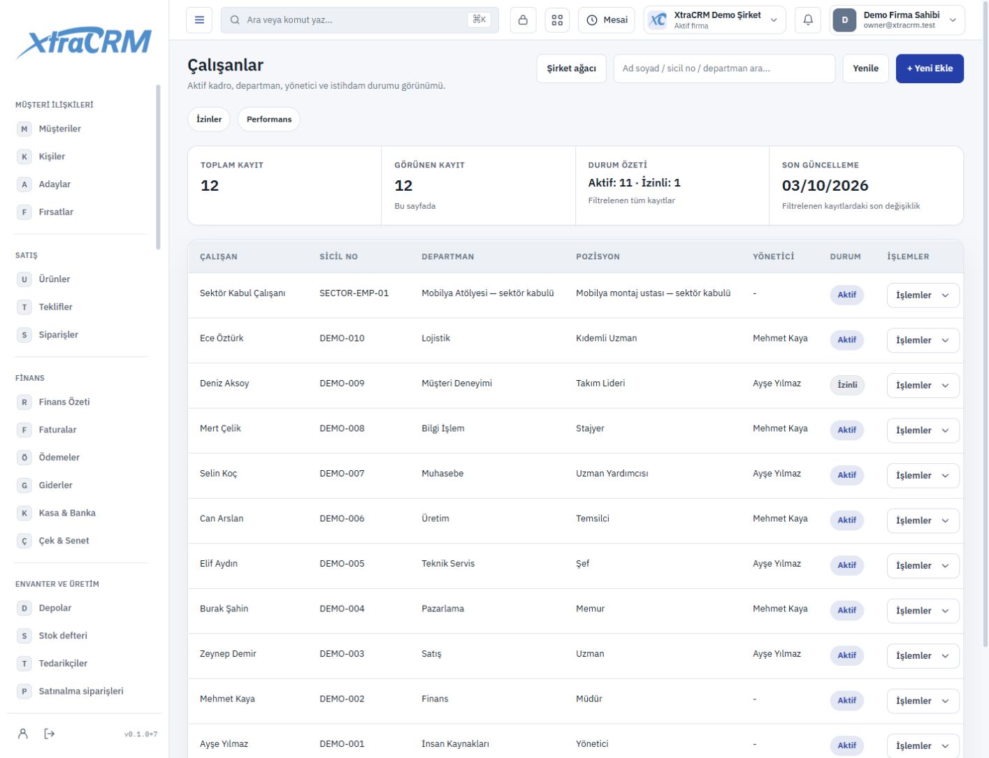 Çalışanların departman ve pozisyon bilgileriyle listesi — XtraCRM