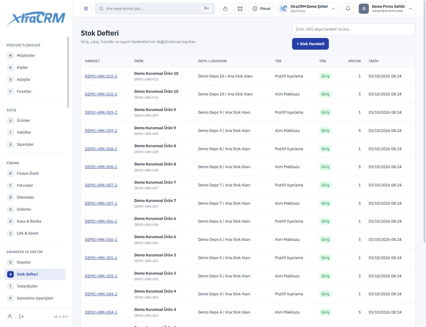 Depo ve ürünlere bağlı stok hareketleri — XtraCRM
