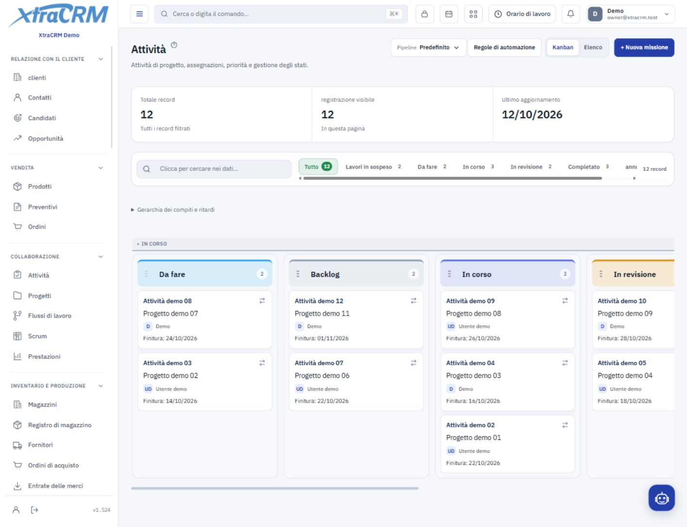 Kanban attività condivisa che mostra responsabili e stati — XtraCRM