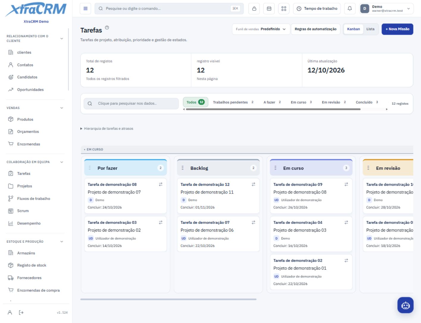 Kanban de tarefa compartilhada mostrando responsáveis e status — XtraCRM