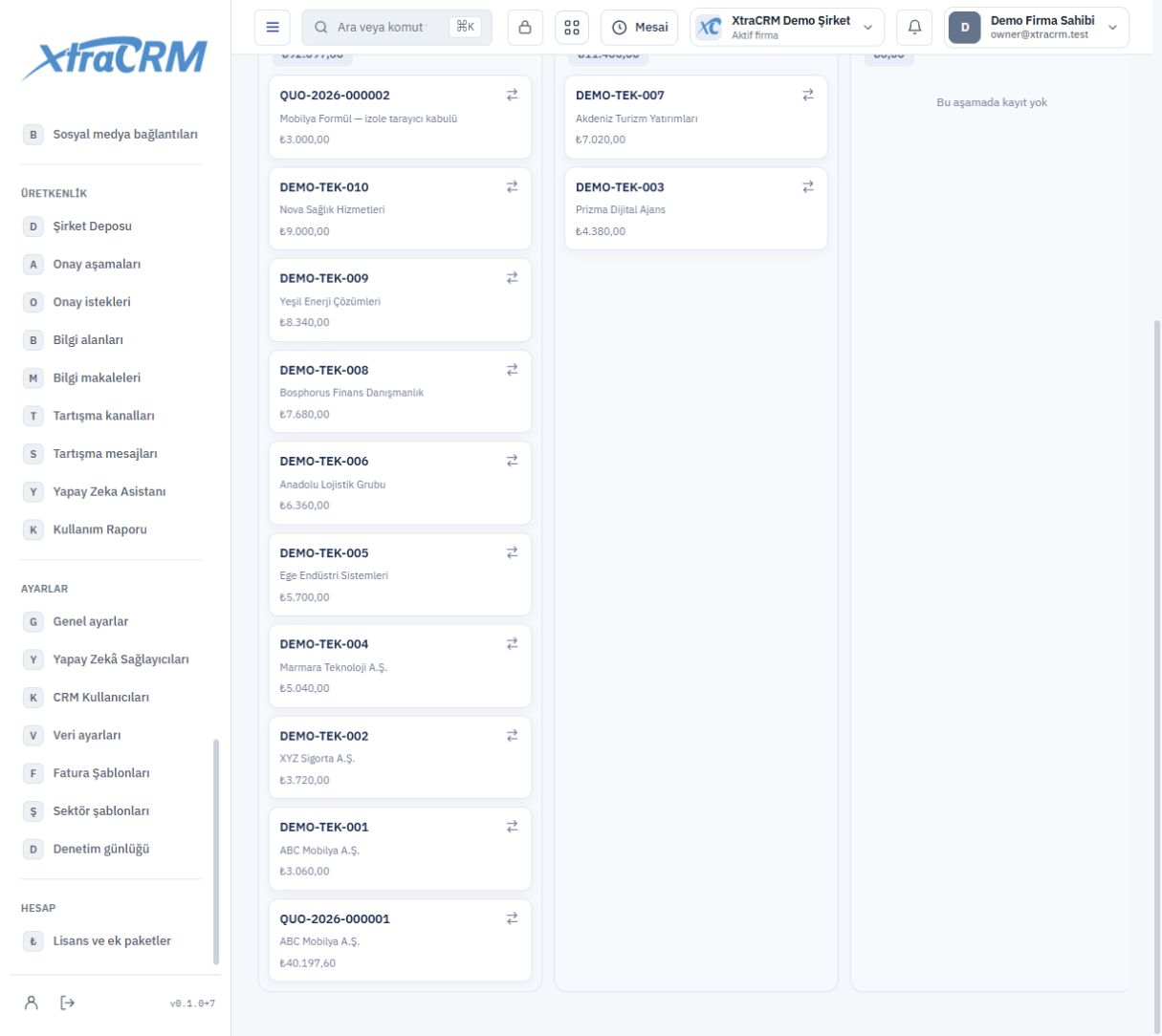 Müşteri, tutar ve durum bilgileriyle teklifler listesi — XtraCRM