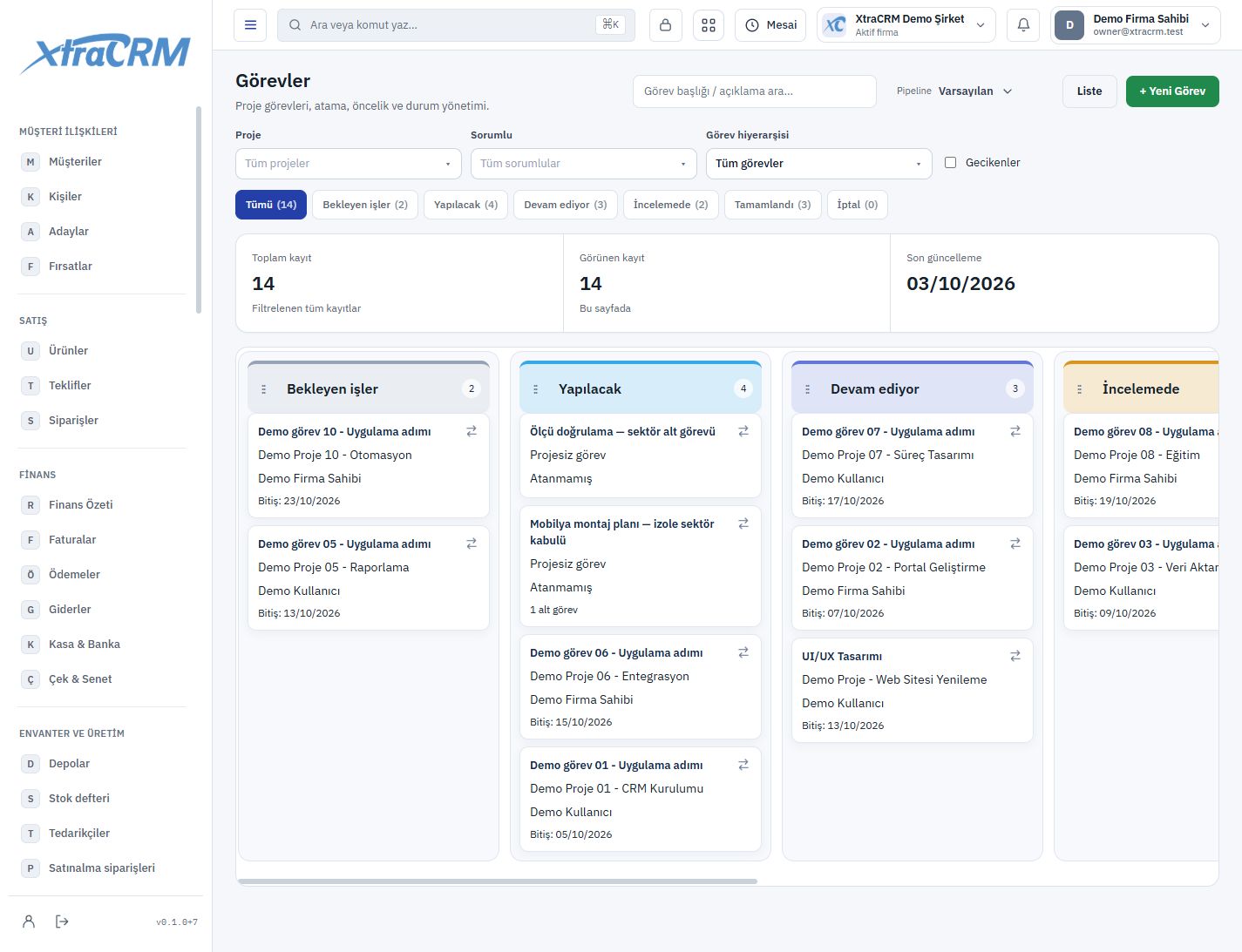 Görevler, sorumlular ve durumların ortak Kanban görünümü — XtraCRM
